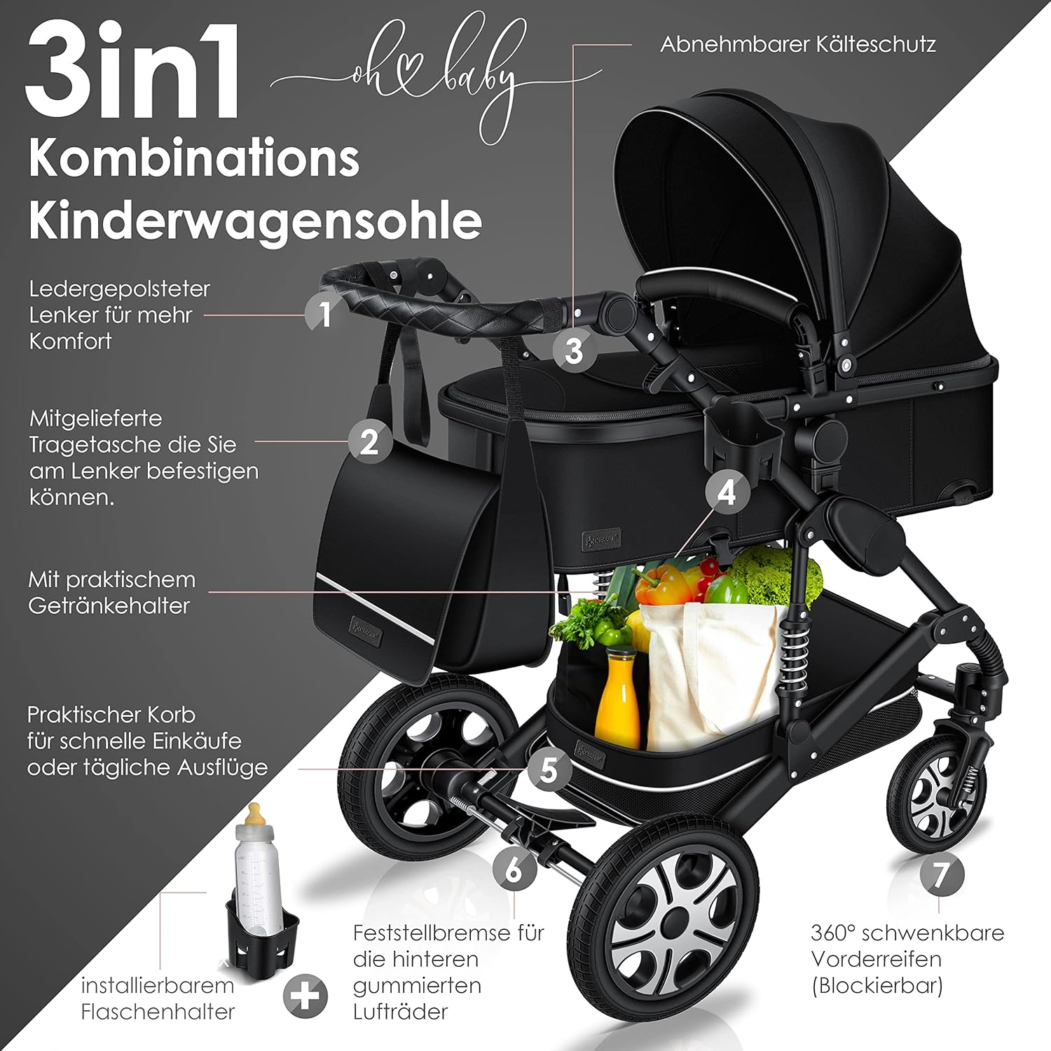 KESSER® Loops Passeggino Trio 3 in 1, Set Completo con Navicella, Seduta Passeggino e Seggiolino Auto Ovetto, Ruote in Gomma Piena, Borsa Fasciatoio, Parapioggia, Tavolino, ECE R129, Nero/Champagne
