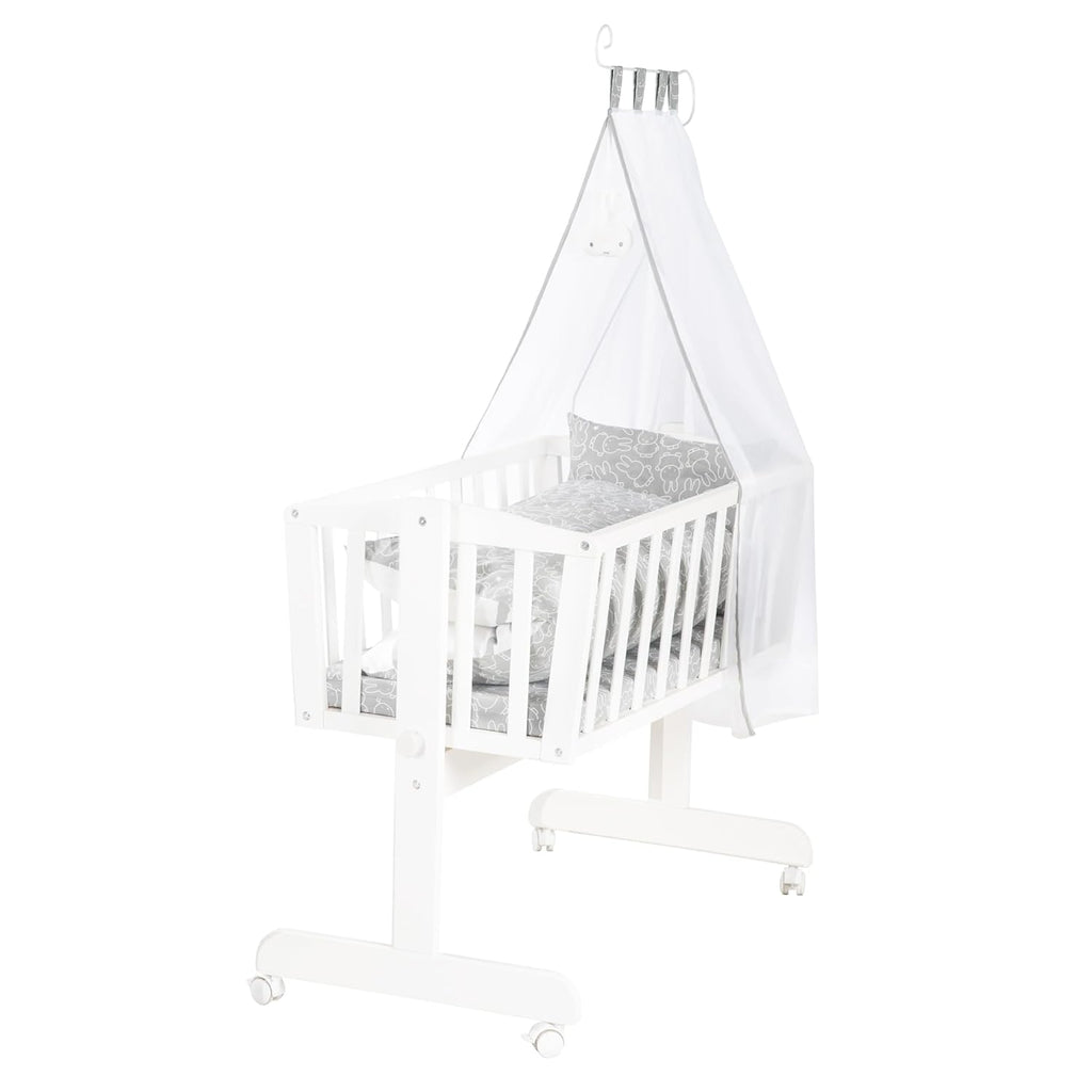 roba Babywiege 40 x 90 cm Adam & Eule - Stubenwagen & Wiege mit Rollen - Bett Set komplett mit Feststellfunktion - Inkl. textiler Ausstattung - Holz weiß