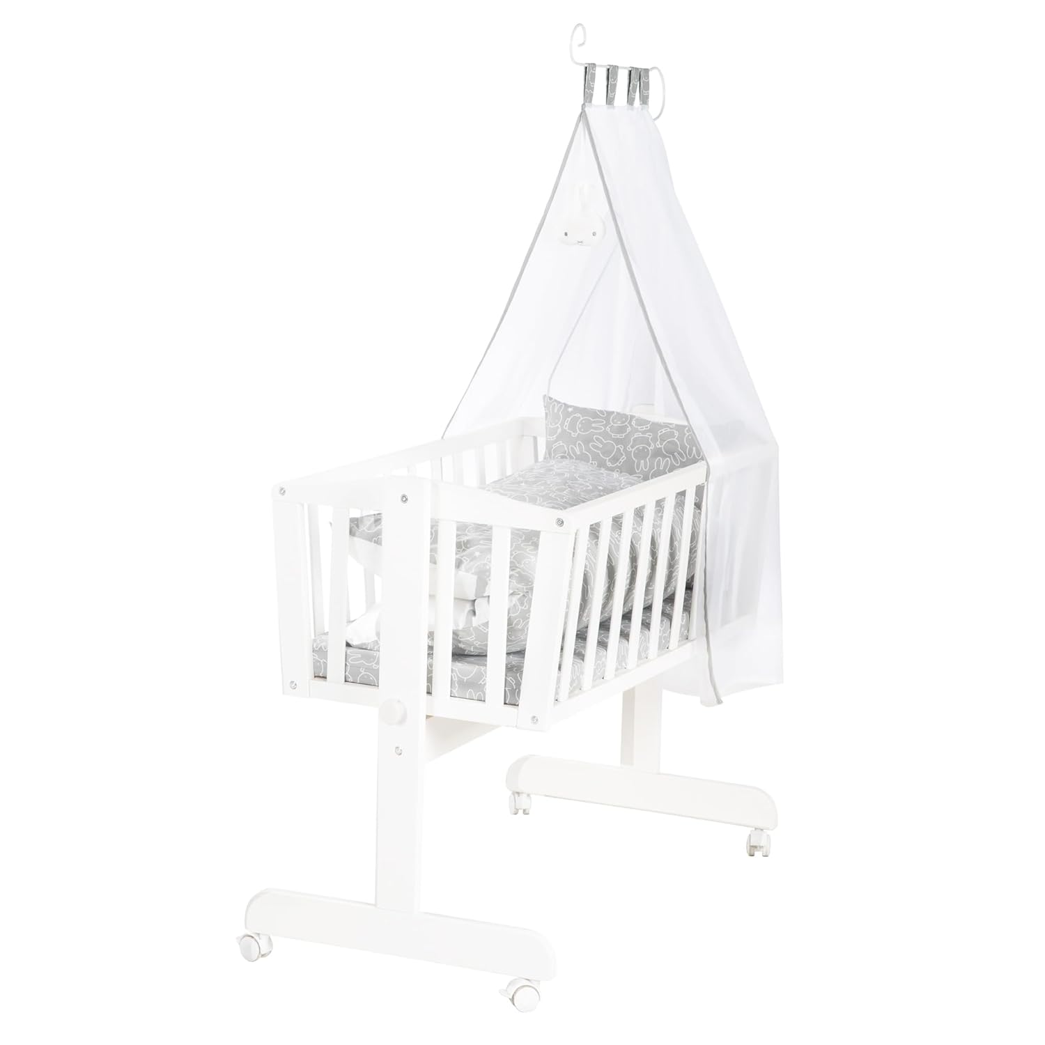 roba Babywiege 40 x 90 cm Adam & Eule - Stubenwagen & Wiege mit Rollen - Bett Set komplett mit Feststellfunktion - Inkl. textiler Ausstattung - Holz weiß