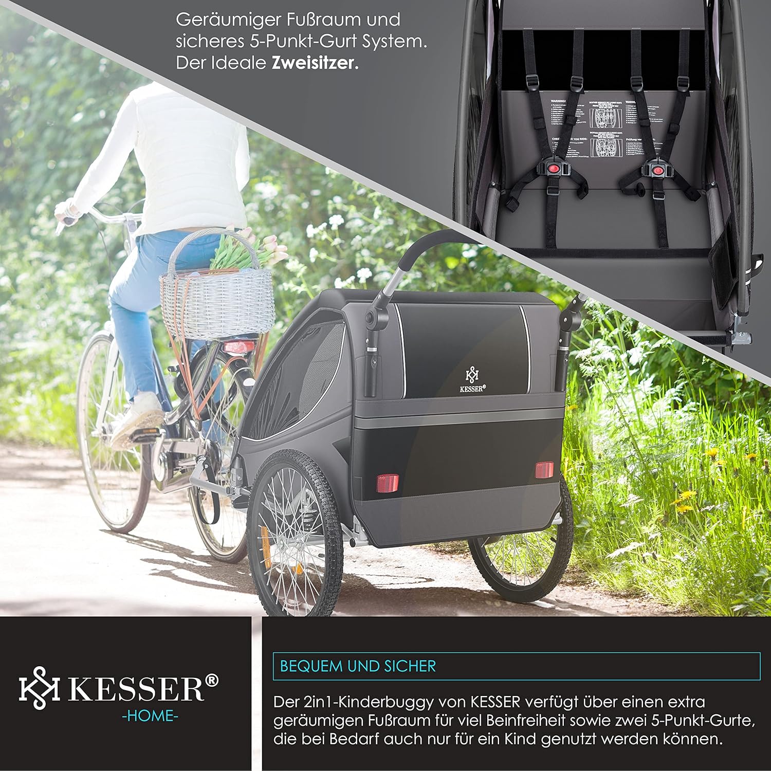 KESSER® Kinderanhänger Fahrradanhänger 360° Drehbar mit Federung 2in1 Joggerfunktion Kinderfahrradanhänger + 5-Punkt Gurt Jogger Fahrrad Anhänger für 1 bis 2 Kinder max. 40kg Inkl. Warnfahne Hellgrau