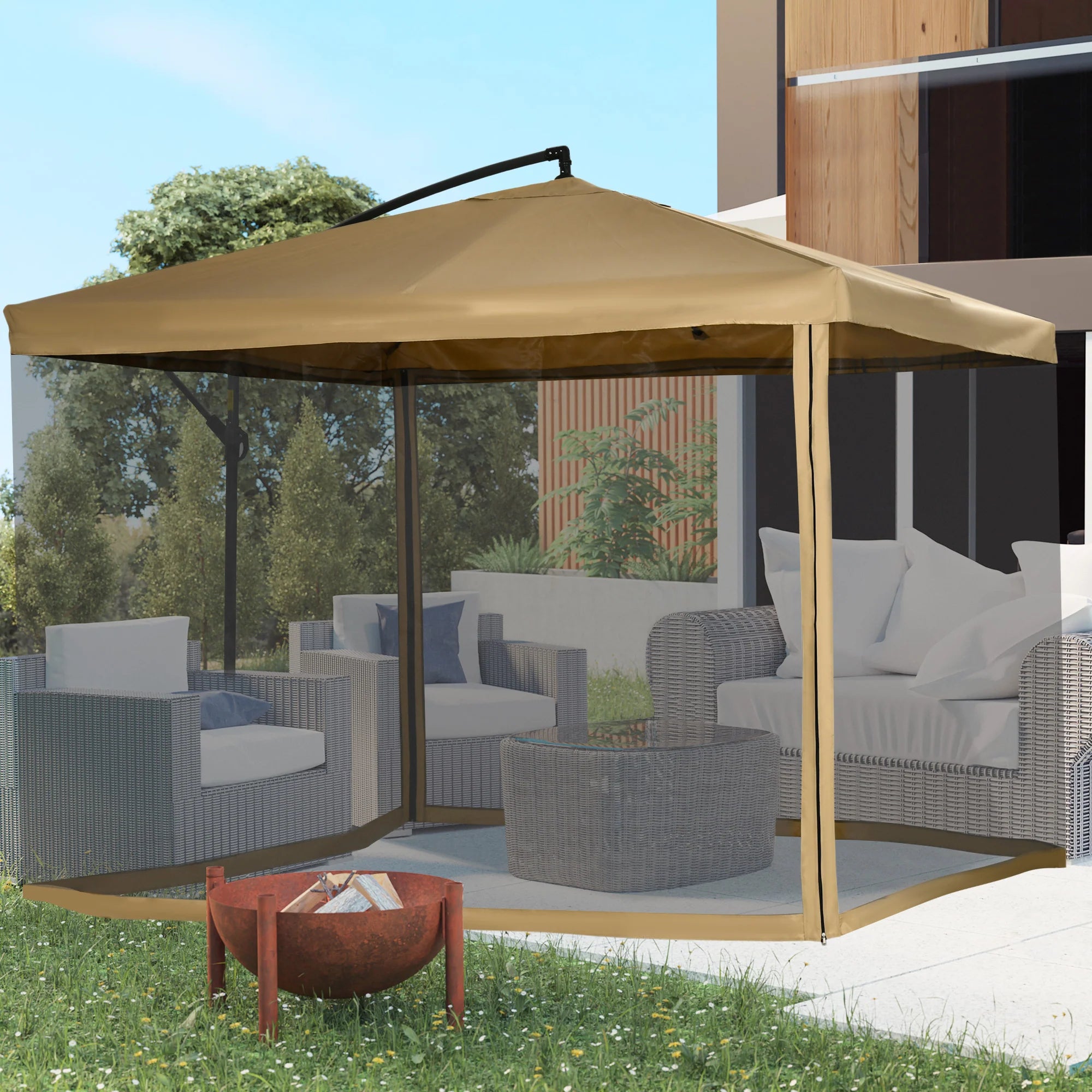 Outsunny Ombrellone a Braccio Ombrellone da Giardino con Zanzariera Manovella a Mano