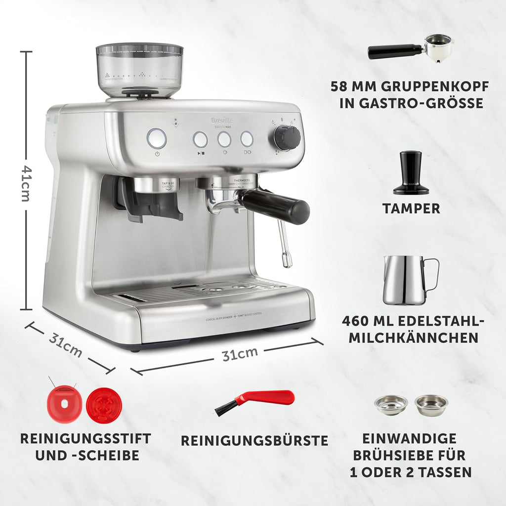 Breville Barista Max Macchina da caffè con braccio per espresso | Macchina da caffè espresso con macinacaffè integrato e montalatte | Serbatoio dell'acqua da 2,8 l | Pompa italiana da 15 bar | Acciaio inossidabile [VCF126X]