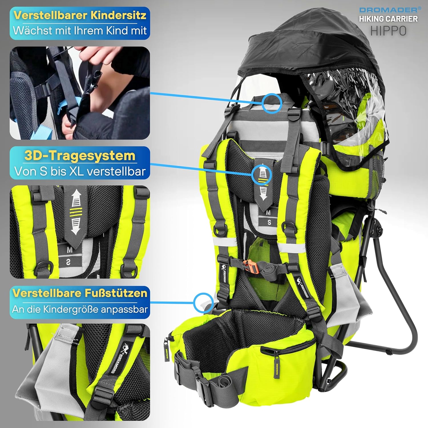 Dromader Kraxe Kindertrage bis 22kg – Kindertrage Wandern mit Sonnendach, Regenschutz, Thermotasche, Wickelmatte – Einhändig klappbare Rahmen – Blau