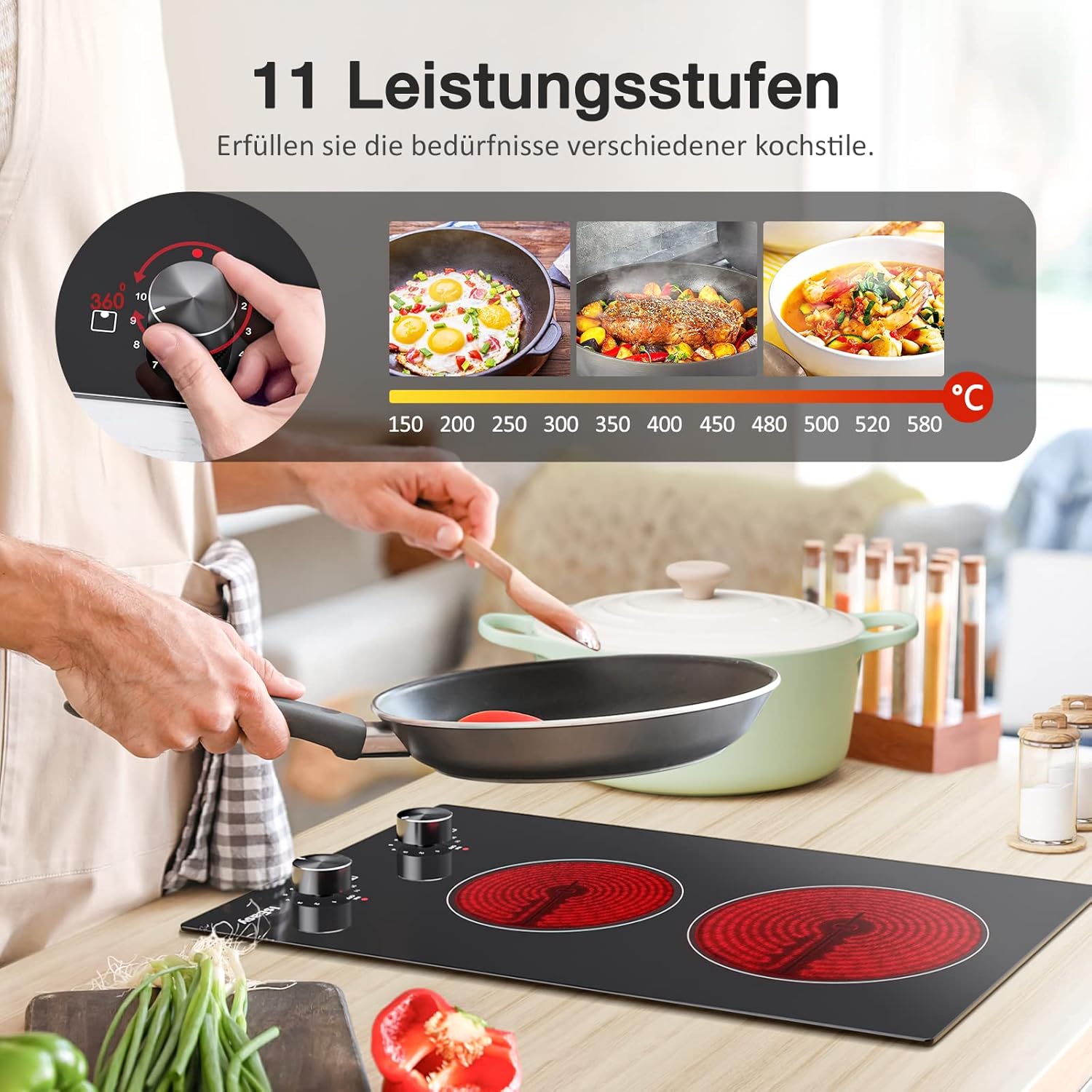 IsEasy 4 Zonen Einbau Induktionskochfeld mit 9 Leistungsstufen &1-99Min Timer, Boost-Funktion, Induktionskochplatte, Induktion Herdplatte mit 4 Platten, 60cm, 6800W, Schwarz