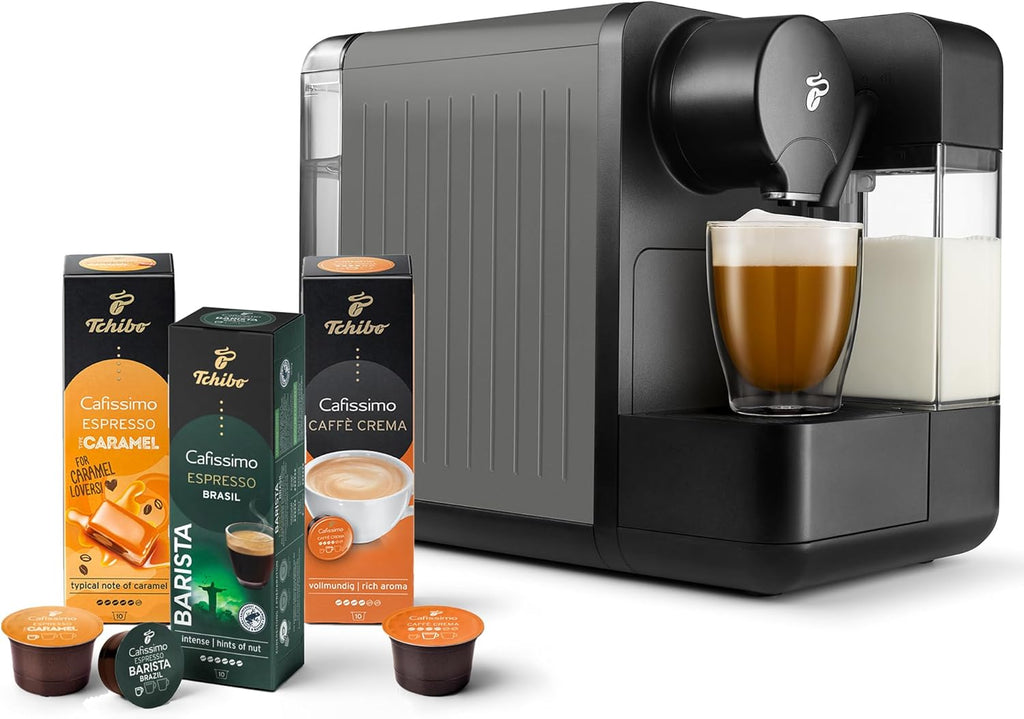 Tchibo Cafissimo „milk“ Kaffeemaschine Kapselmaschine inkl. 30 Kapseln für Caffè Crema, Espresso, Kaffee und Milchspezialitäten, Schwarz