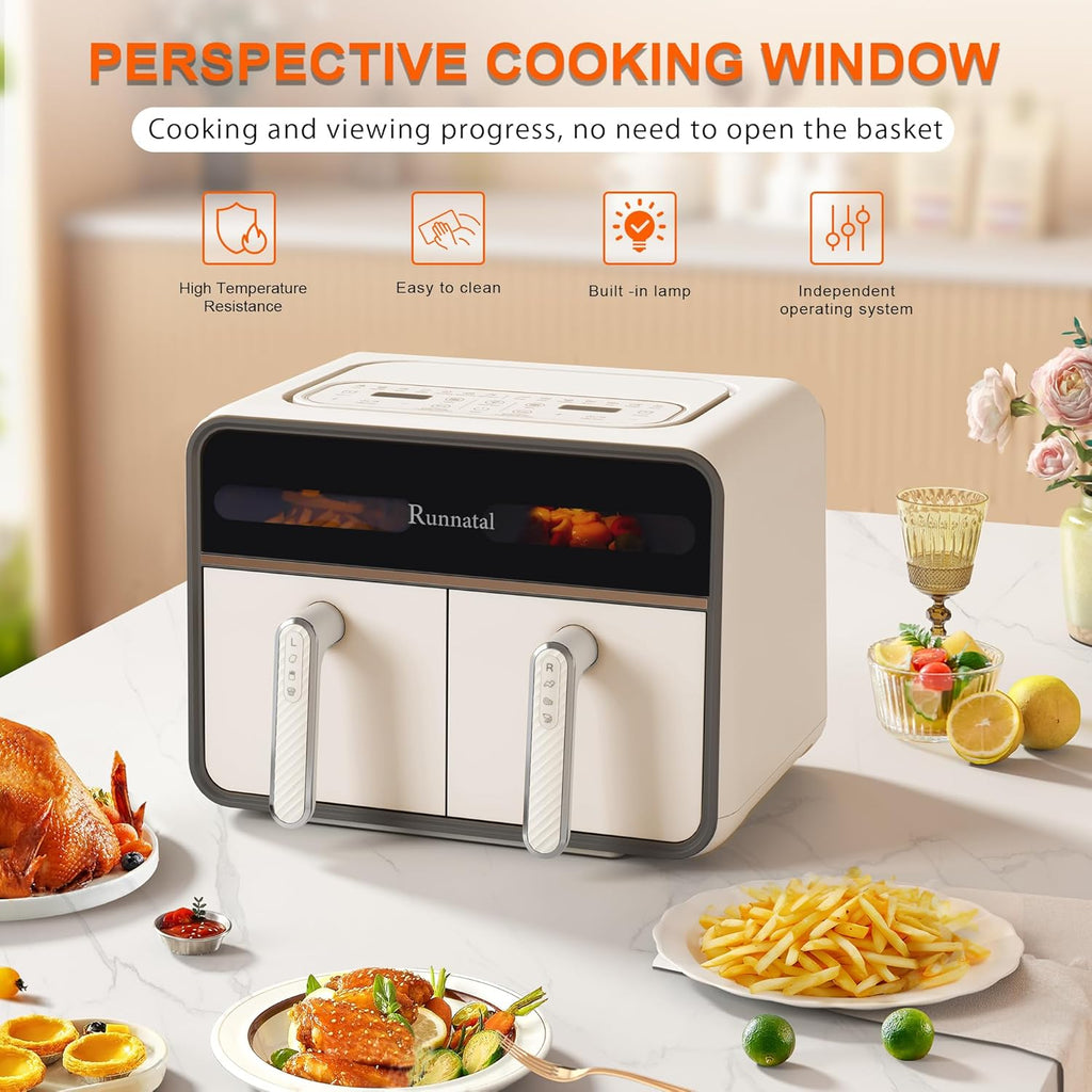 Runnatal Dual Zone Heißluftfritteuse mit Sichtfenster, 8L Airfryer, 2100W, 2 Fächer, 14-in-1 Doppelkammer Heißluftfritteuse Mit Vegetarier und Fleischtöpfen, 2 kammern Airfryer, Antihaftbeschichtung