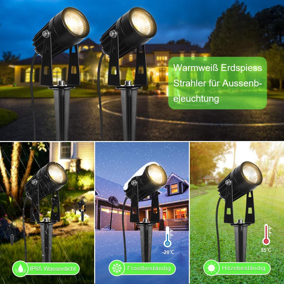 AIMHEIM 12er-Set Gartenstrahler LED Warmweiß, 3W Gartenleuchte Garten Beleuchtung mit Stecker, Schwenkbar Außen-Strahler Aussenbeleuchtung Erdspieß IP65 Wasserdicht für Baum, Pflanzen, Teich