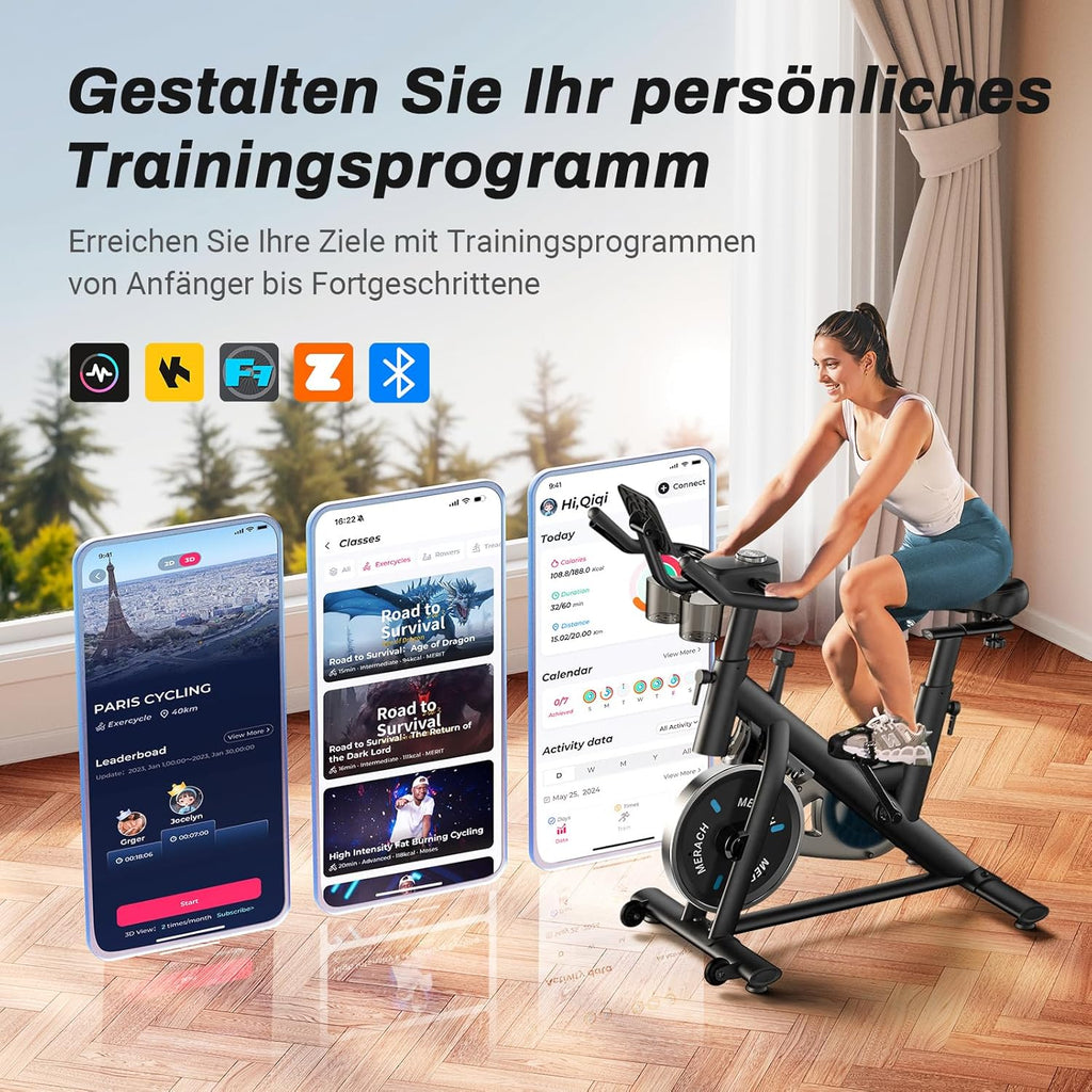MERACH Cyclette con Resistenza Regolabile, Bici da Allenamento Silenziosa con Monitor LCD Migliorato, Supporto per Tablet, Cyclette da Interno per Cardio Fitness a Casa, App Dedicata, Fino a 136 kg