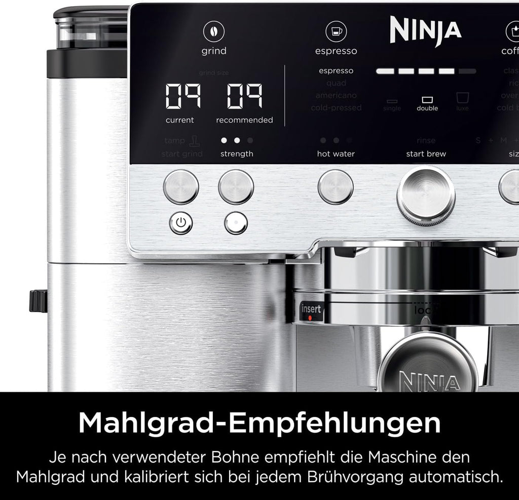 Ninja Luxe Essential Macchina da caffè 2-in-1 con macinacaffè e montalatte per latte, cappuccino ed espresso, facile da usare, 2 impostazioni predefinite per la schiuma, argento, ES501EU