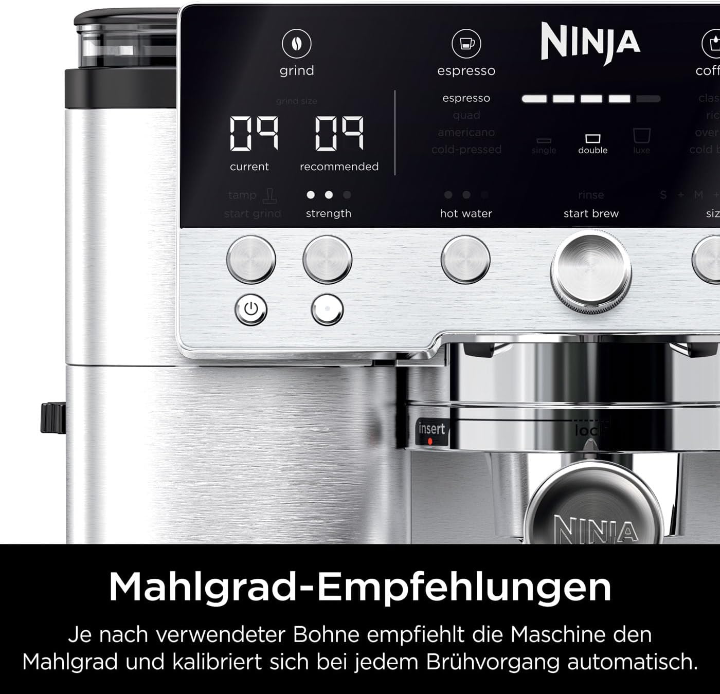 Ninja Luxe Essential Macchina da caffè 2-in-1 con macinacaffè e montalatte per latte, cappuccino ed espresso, facile da usare, 2 impostazioni predefinite per la schiuma, argento, ES501EU