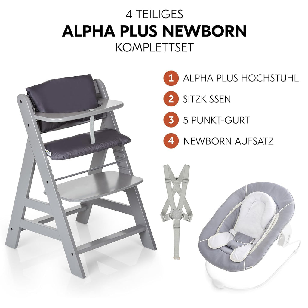 hauck Hochstuhl Alpha Plus Newborn Set mit 2in1 Bouncer - Mitwachsender Holz Babyhochstuhl ab Geburt, inkl. Sitzauflage & Neugeborenenaufsatz - Dark Grey
