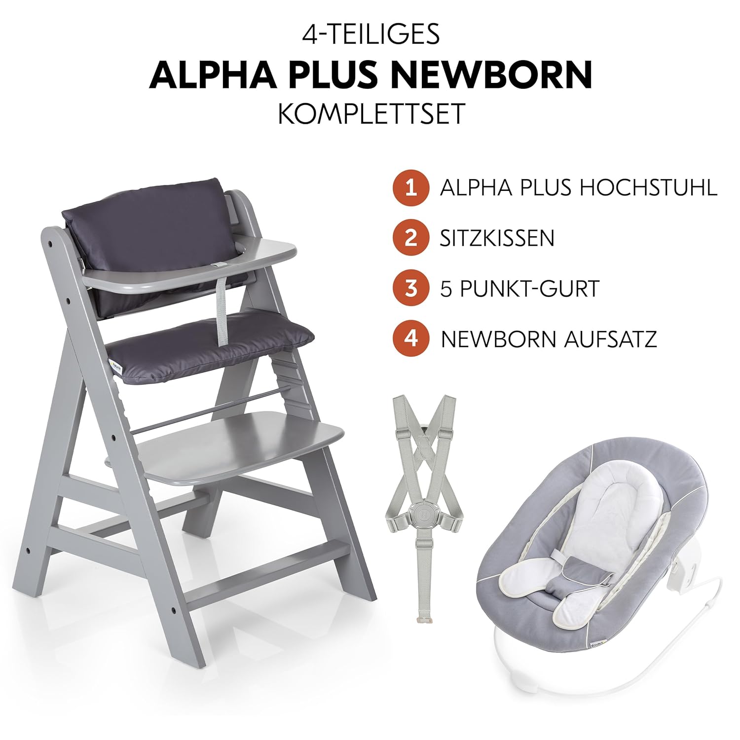 hauck Hochstuhl Alpha Plus Newborn Set mit 2in1 Bouncer - Mitwachsender Holz Babyhochstuhl ab Geburt, inkl. Sitzauflage & Neugeborenenaufsatz - Dark Grey