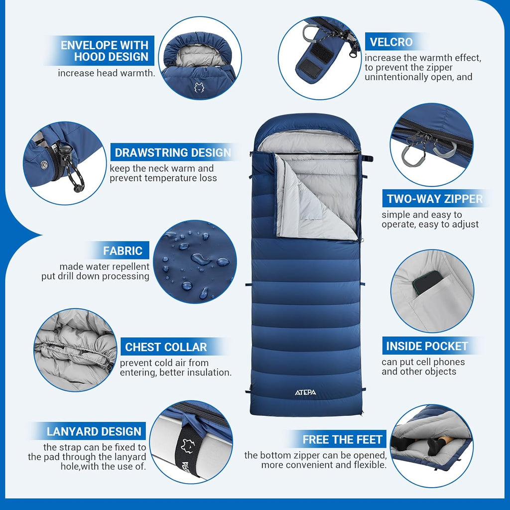 ATEPA Daunenschlafsack Winter Outdoor,Daunenschlafsack, Übergröße Ultraleichter, 3 Jahreszeiten Warm, XXL Leichtgewicht, großartiger Komfort, Ideal für Rucksacktouren Erwachsene Camping, Wandern