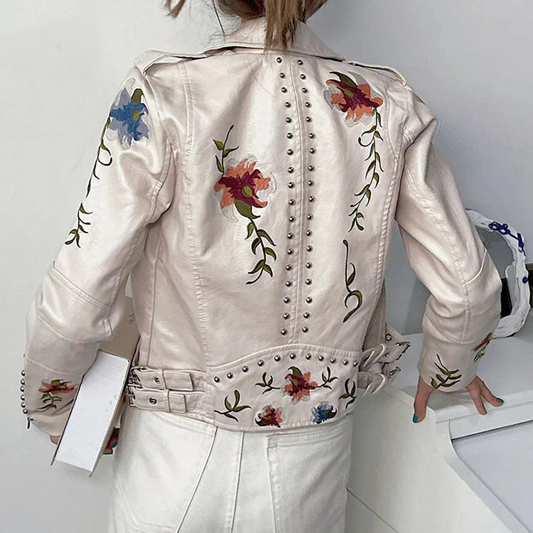 Floral leather jacket with artisanal detailing