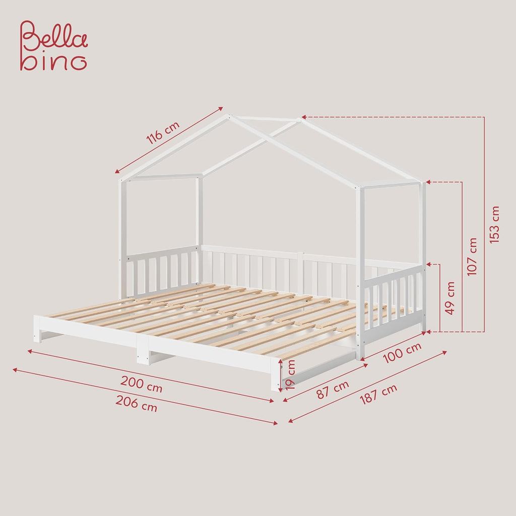 Bellabino Lettino per bambini Bia 140x200 cm, letto a capanna per bambini con protezione anticaduta e rete a doghe arrotolabile, letto a terra Montessori bianco in legno massello di pino