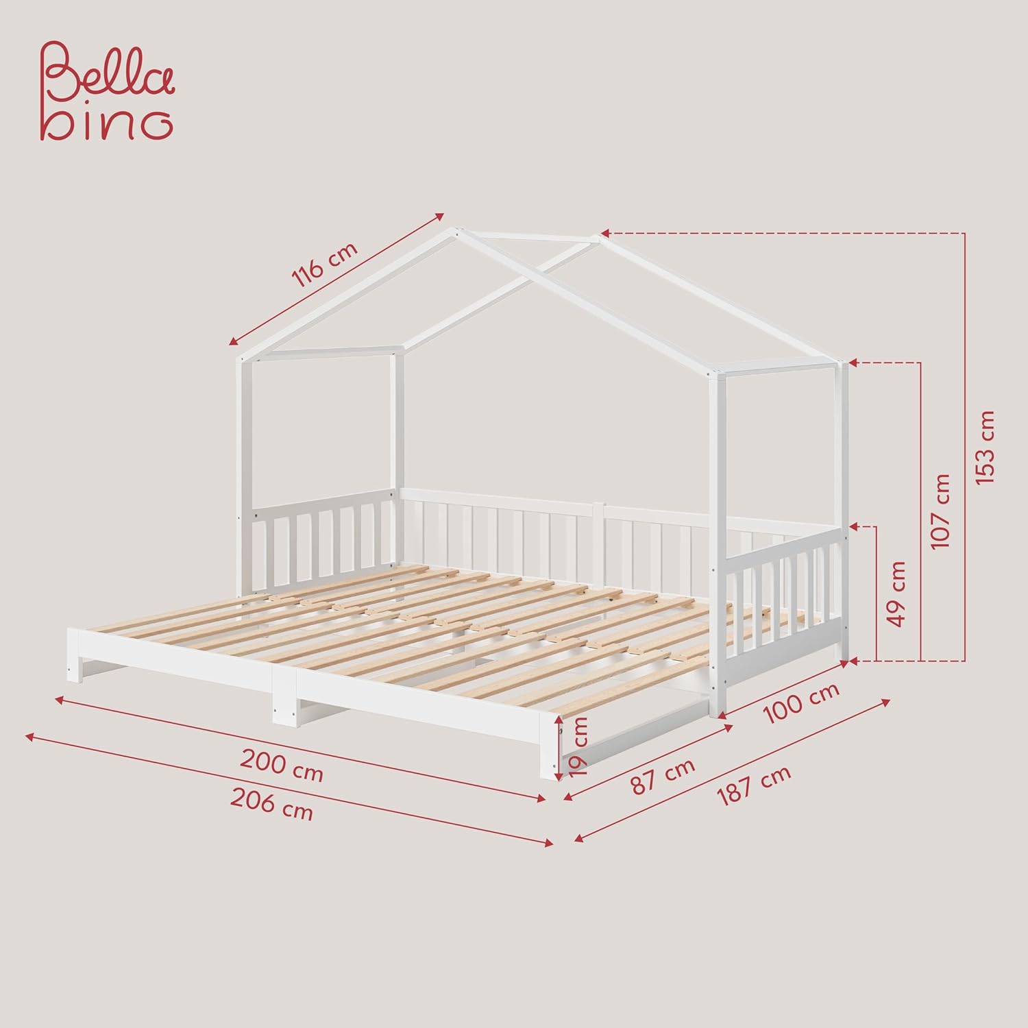 Bellabino Lettino per bambini Bia 140x200 cm, letto a capanna per bambini con protezione anticaduta e rete a doghe arrotolabile, letto a terra Montessori bianco in legno massello di pino