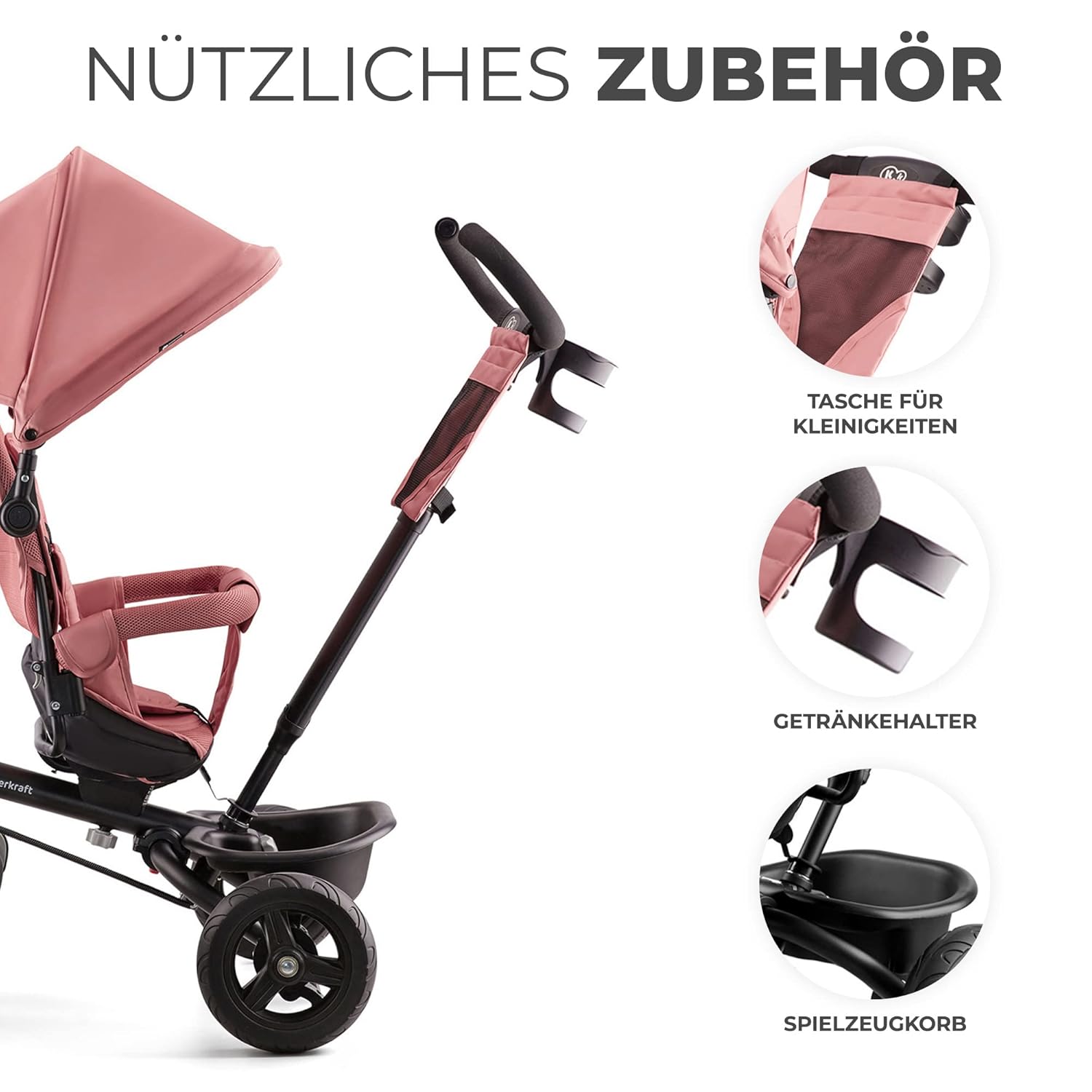 Kinderkraft AVEO Dreirad ab 9 Monate bis 25 kg, Kinderdreirad mit schubstange, Kompakte zusammenklappen, drehbarer Sitz, ausklappbarem Verdeck mit sonnenschutz, Getränkehalter korb im set, Rosa