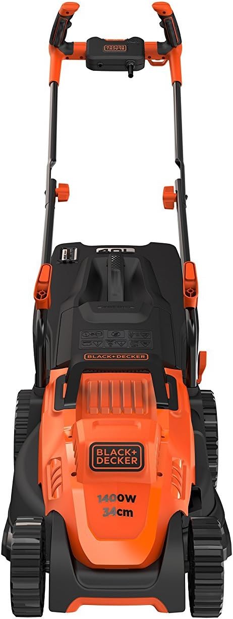 Black+Decker Tagliaerba Elettrico con Impugnatura a Manubrio BEMW461BH (1.400W, Larghezza di Taglio 34cm, 6 Altezze di Taglio, Cesto di Raccolta da 40l, Ideale per Giardini di Medie Dimensioni)