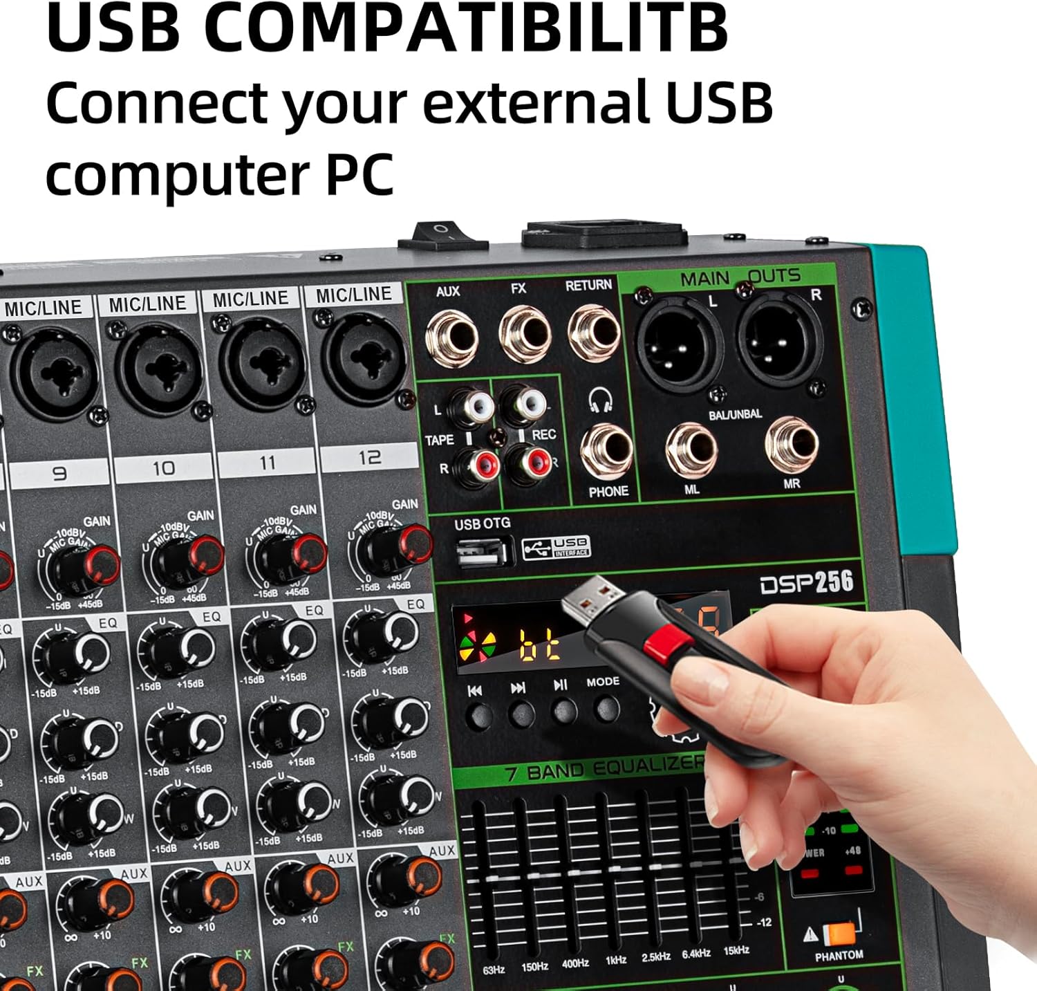 Depusheng PA12 Mixer DJ Professionale a 12 Canali con 256 Effetti DSP, Ingresso Bluetooth, Lettore USB, Alimentazione Phantom 48V
