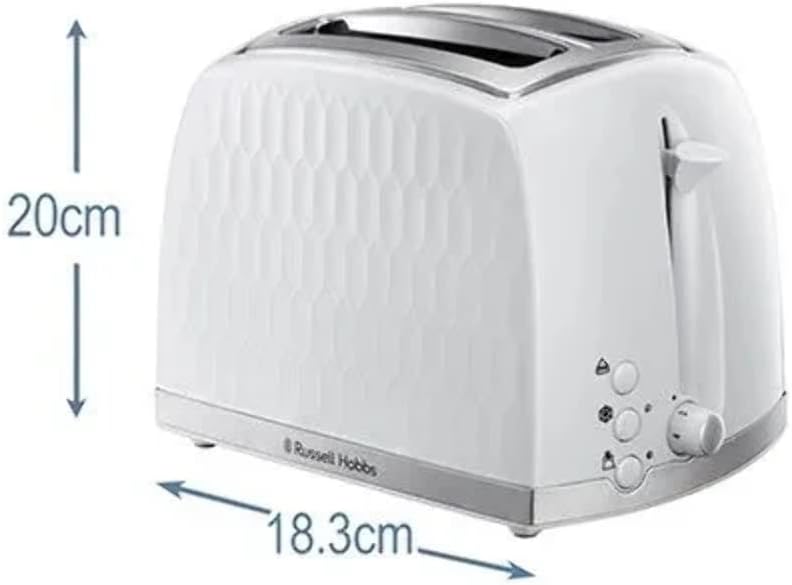 Russell Hobbs Honeycomb Tostapane 2 Fette (Fessure Extra Larghe, Funzione Sollevamento Extra, 6 Livelli di Tostatura, Funzioni Scongelamento/Annulla/Riscalda, Vassoio Raccoglibriciole Removibile, 850 W, Bianco testurizzato)