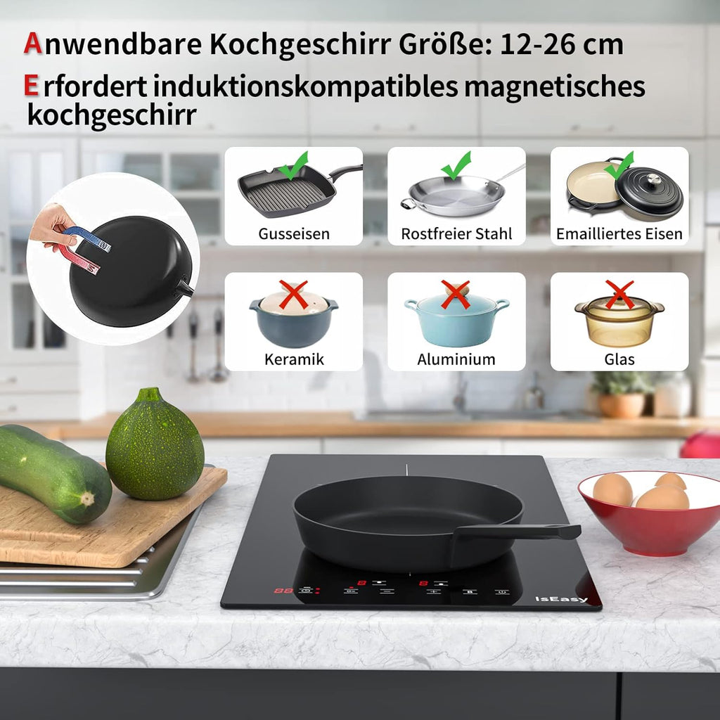 IsEasy 4 Zonen Einbau Induktionskochfeld mit 9 Leistungsstufen &1-99Min Timer, Boost-Funktion, Induktionskochplatte, Induktion Herdplatte mit 4 Platten, 60cm, 6800W, Schwarz