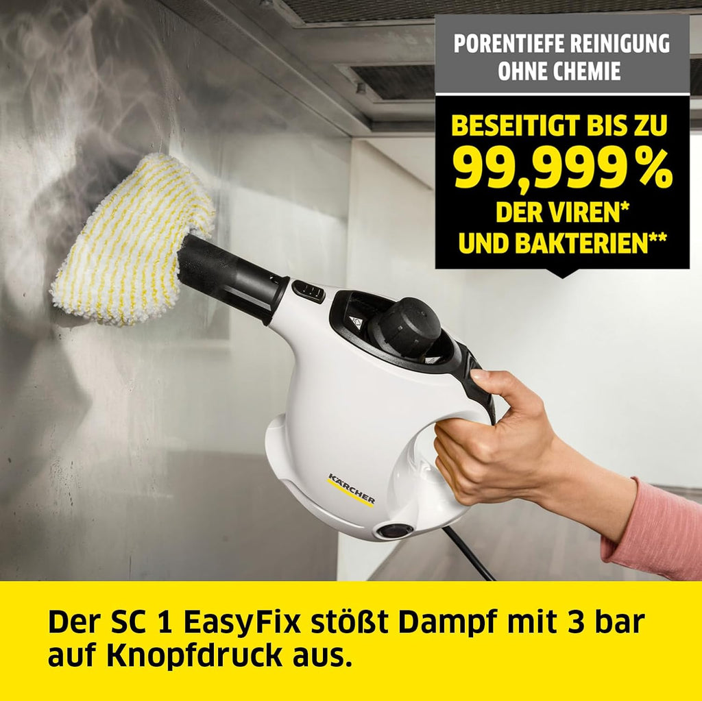 Kärcher Pulitore a vapore SC 2 EasyFix, pressione vapore: 3,2 bar, tempo di riscaldamento: 6,5 min., potenza: 1.500 W, copertura: 75 m², serbatoio: 1 l, con set per la pulizia del pavimento EasyFix, ugelli e panno in microfibra, bianco