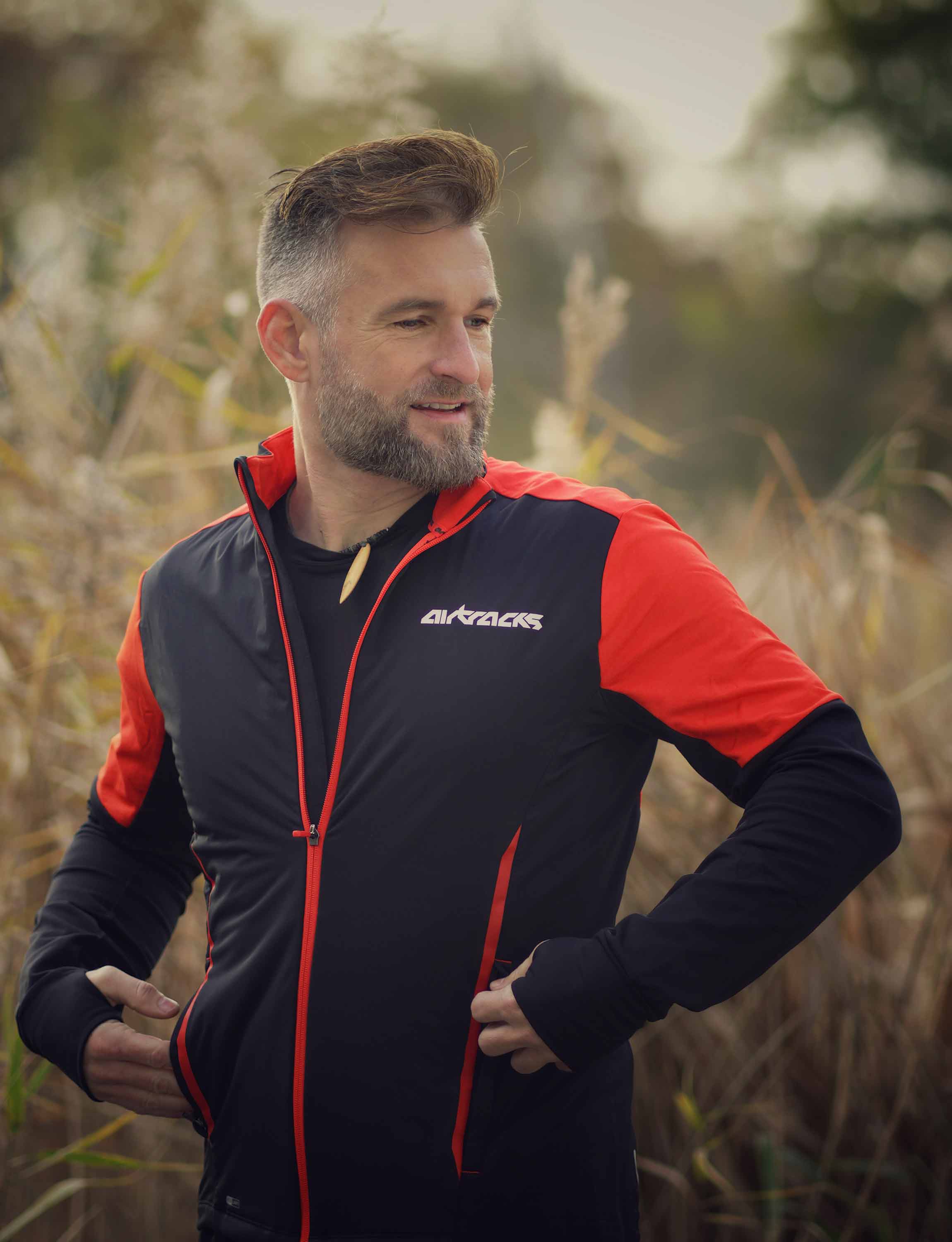 Maglia a maniche lunghe da corsa in pile invernale da uomo, termica, Pro Line, nero-rosso, set di prodotti