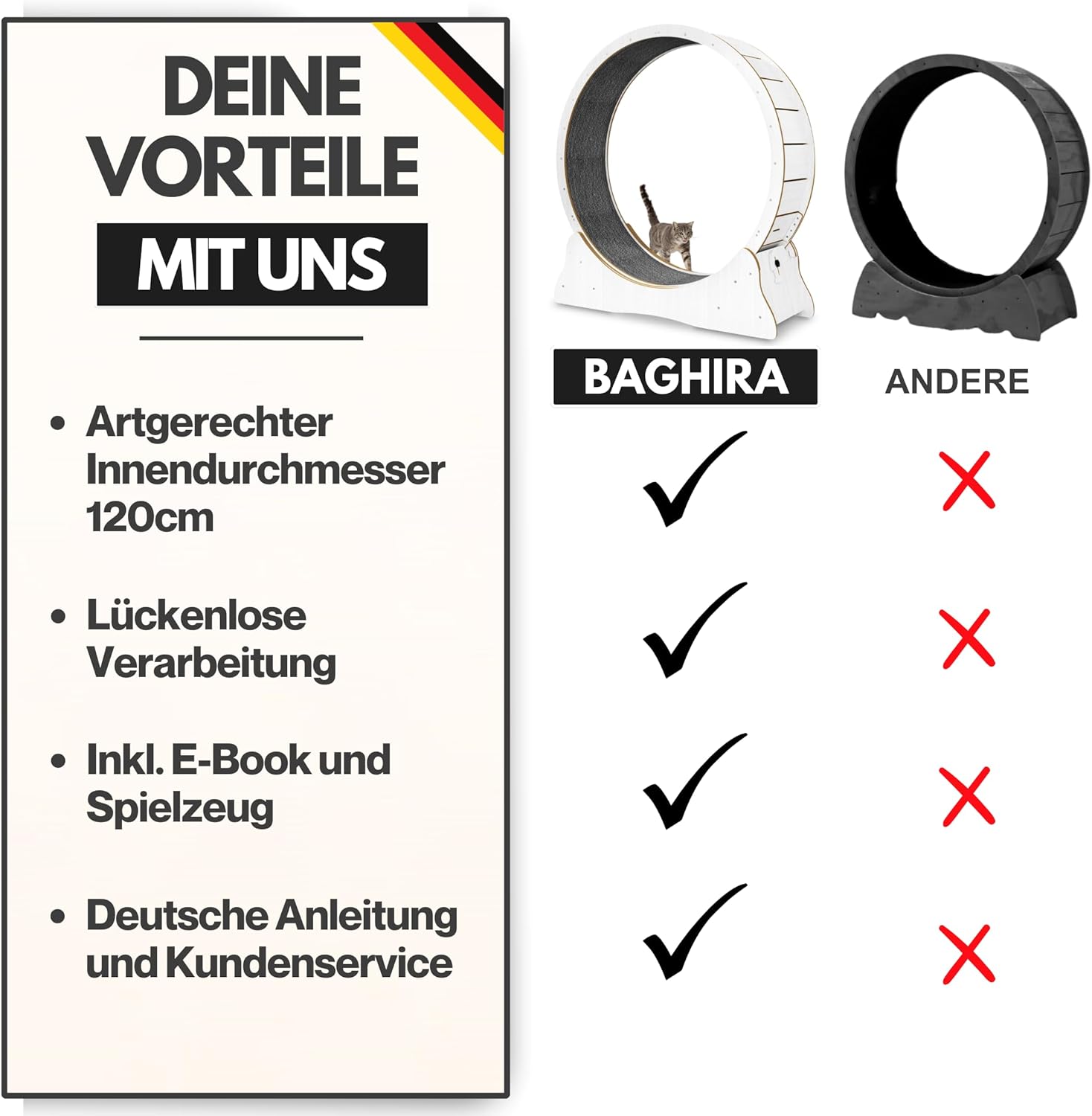noviclass® Katzenlaufrad Baghira Groß XXL | 132cm Durchmesser Artgerecht für große Katzen | Laufrad für Katzen | Kratzfest, stabil und leise | Geprüfte Qualität und mit Deutscher Anleitung (Holz)