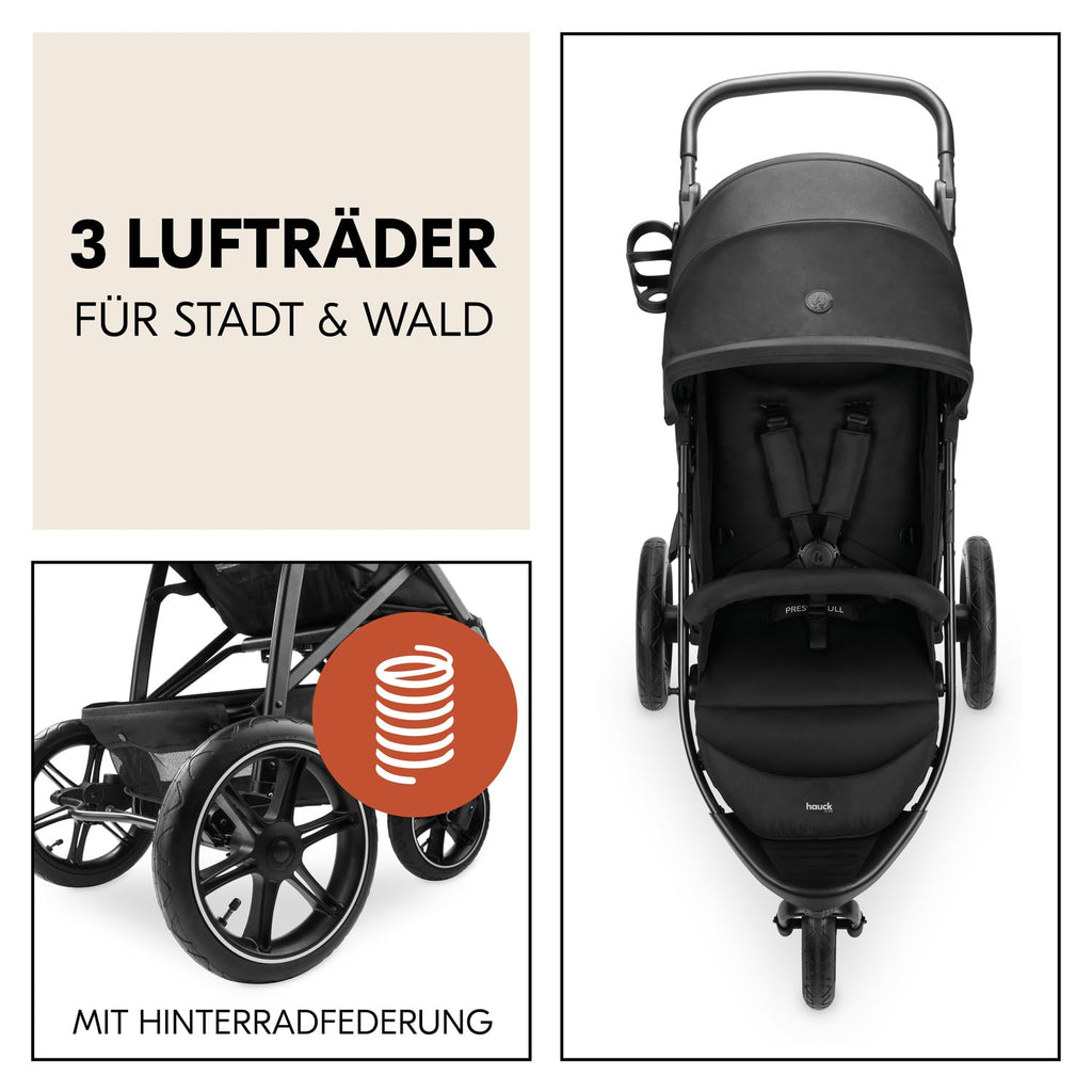 hauck Buggy Rapid 3 Air für Kinder bis 22 kg, Lufträder, Federung, Klein Zusammenklappbar, UV-Schutz 50+, mit Schlaffunktion ab Geburt, Höhenverstellbarer Schieber, Großer Korb bis 3 kg (Black)