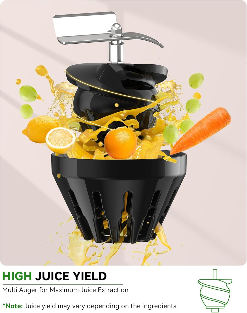 ACOQOOS Spremiagrumi, Spremiagrumi per Frutta e Verdura con imboccatura da 110 mm, Spremiagrumi a Bassa Velocità Facile da Pulire con 2 Tazze Nero