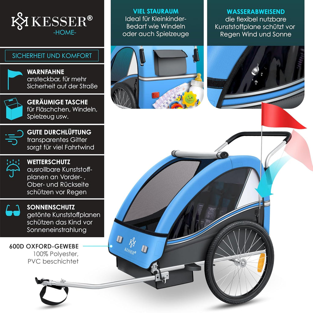 KESSER® Kinderfahrradanhänger Sport-RX 2in1 Jogger & Buggy 5-Punkt-Gurt Sicherheitsgurt 360° Vorderrad Kinderfahrradanhänger Reflektoren für 1-2 Kinder (max. 40 kg) Getränkehalter & Smartphonefach