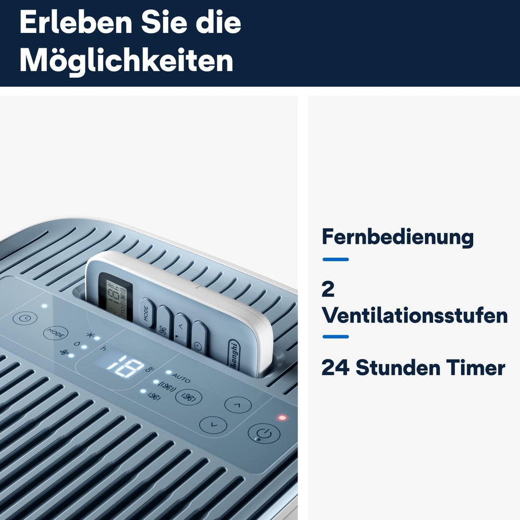 De'Longhi Pinguino PAC EM82, Condizionatore Portatile per ambienti fino a 80 m, 9.400 BTU, 2,4 kW, 63 dB, Funzione Deumidificatore, Classe Energetica A, Timer 24h, Bianco