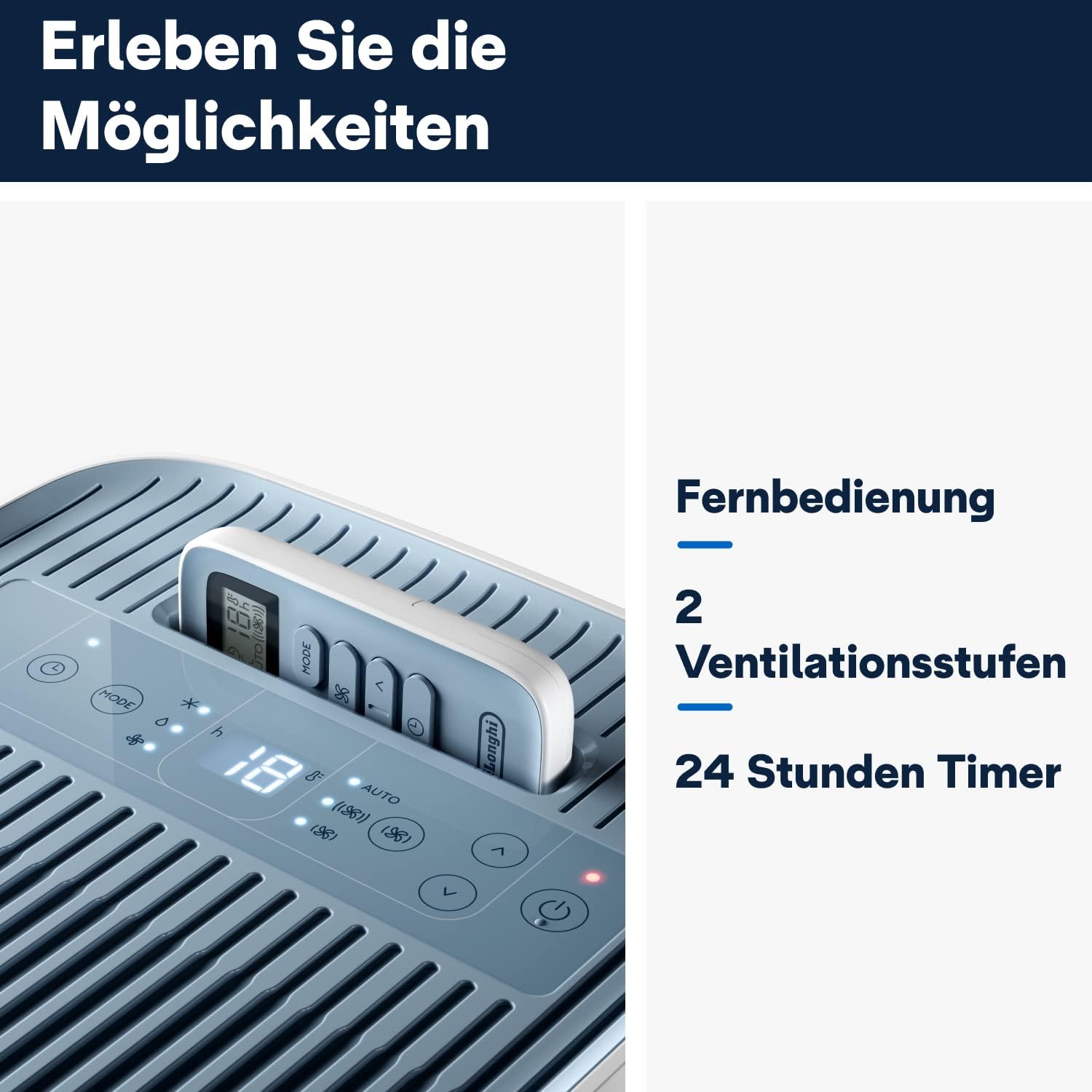 De'Longhi Pinguino PAC EM82, Condizionatore Portatile per ambienti fino a 80 m, 9.400 BTU, 2,4 kW, 63 dB, Funzione Deumidificatore, Classe Energetica A, Timer 24h, Bianco