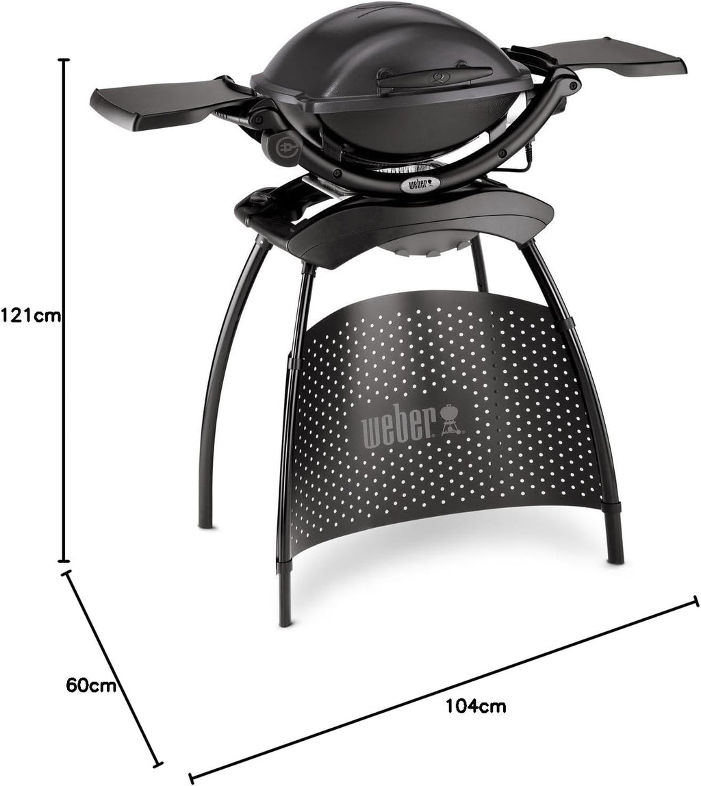Weber Q1400 Barbecue Elettrico con Supporto, Area di Cottura 43 x 32 cm, Barbecue Portatile, Griglia di Cottura in Ghisa Smaltata in Due Pezzi, Coperchio e Braciere in Alluminio Pressofuso - Grigio Scuro (52020879)