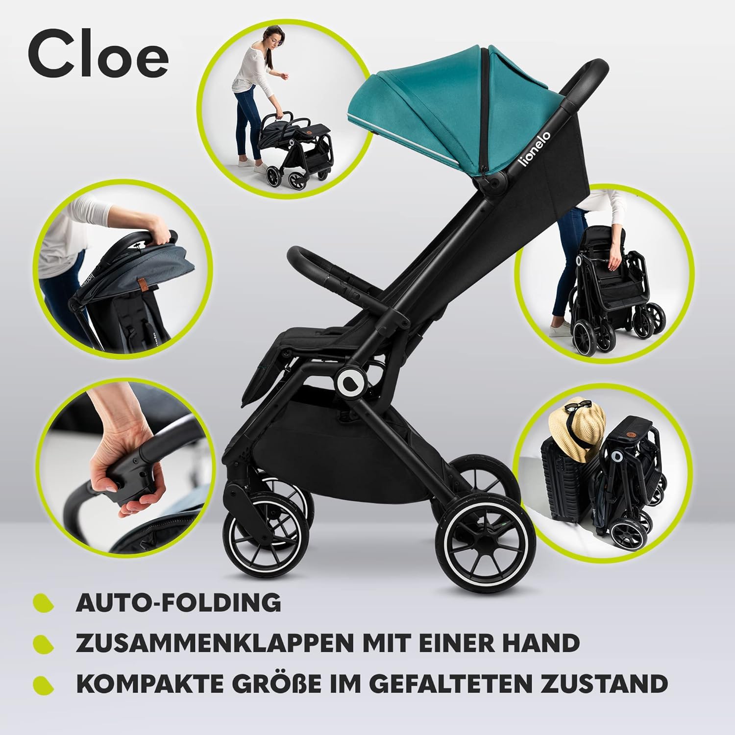 LIONELO Cloe Passeggino Pieghevole fino a 22 kg, Schienale Reclinabile Funzione Nanna, Imbracatura a 5 Punti Grandi Ruote Girevoli Zanzariera Porta Biberon Leggero Compatto Impermeabile (Grigio)