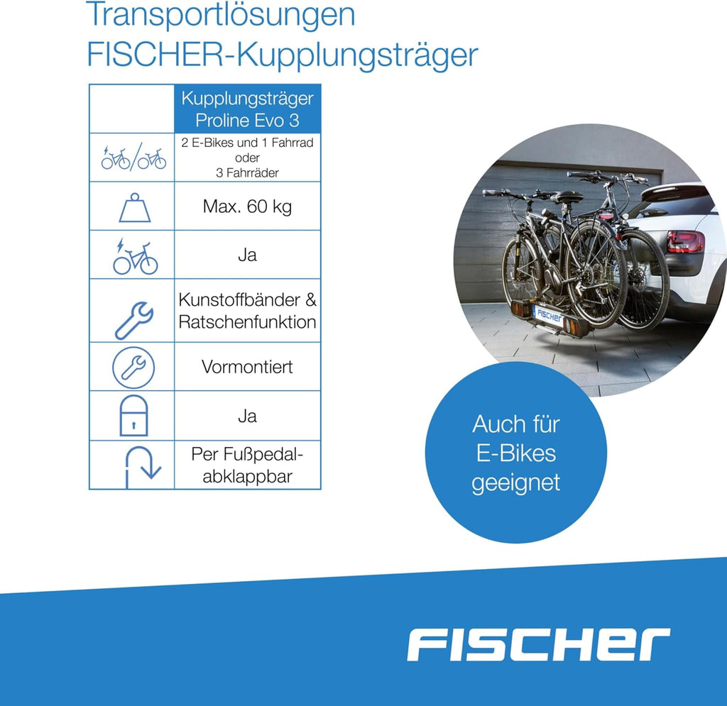 Fischer Portabici da Gancio Traino Proline Evo 2, per 2 biciclette fino a 60 kg di carico utile, adatto per e-bike, preassemblato, con serratura, pieghevole