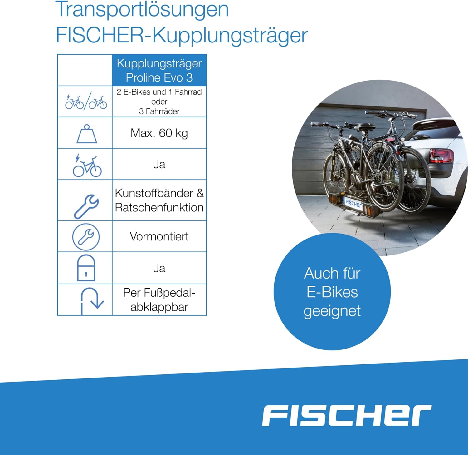 Fischer Portabici da Gancio Traino Proline Evo 2, per 2 biciclette fino a 60 kg di carico utile, adatto per e-bike, preassemblato, con serratura, pieghevole