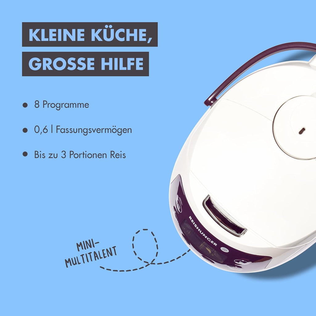 REISHUNGER Cuociriso digitale piccolo, nero | Da 0,6 L fino a 3 persone | Funzione mantenimento calore, timer e pentola premium | Multicooker e vaporiera piccoli, 8 programmi, tecnologia a 7 fasi