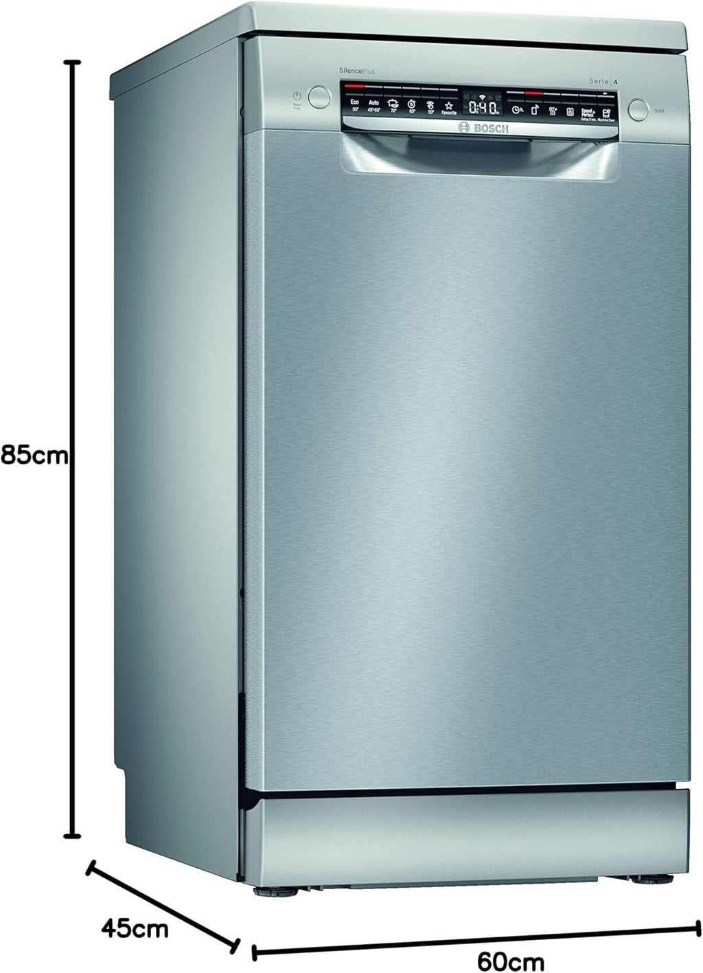 Bosch SPS4HMI61E Serie 4 Lavastoviglie a libera installazione / E / 45 cm / Acciaio inox / 76 kWh/100 cicli / 10 coperti / SuperSilence / Extra asciugatura / VarioCassetto / Home Connect