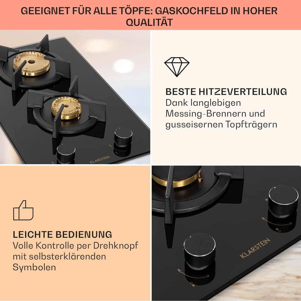 Klarstein Gasherd, Gaskochfeld 4 Flammig, Einbau-Gaskocher für Zuhause & Wohnmobil, Campingkocher mit Glasplatte, Gasherd für Propan- und Erdgas, Edelstahl Gas-Herdplatte Wok Brenner 8000 Watt