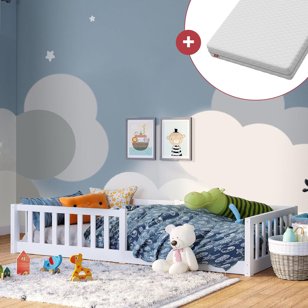 Bellabino Vere Letto a Pavimento 140x200 Montessori, Letto Matrimoniale con Protezione Anticaduta e Rete a Doghe, Letto per Bambini e Bambine in Legno Massello di Pino Bianco con Sbarre