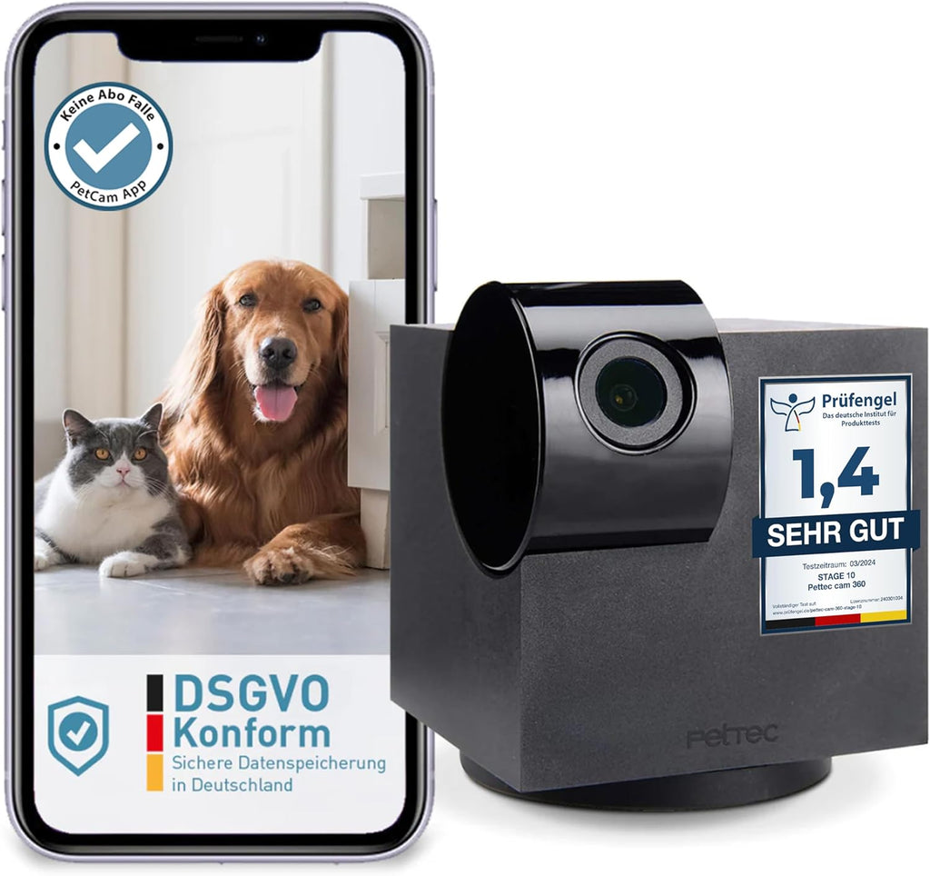 PetTec Videocamera per animali domestici a 360° e distributore automatico di cibo con espulsione di crocchette - tramite App e pulsante multifunzione - Rilevamento dei latrati - Funzione visione notturna 3MP - Telecamera per cani e gatti