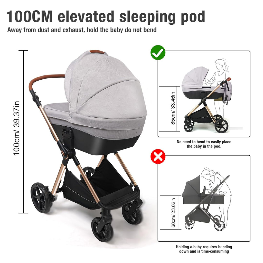 Sianldcone Passeggino 3 in 1, Set Passeggino con Tessuti di Alta Qualità, Sistemi di Viaggio con Spinta Reversibile, Passeggino Combinato a Vista Aperta Set Completo 3 in 1 (V9 Cachi)