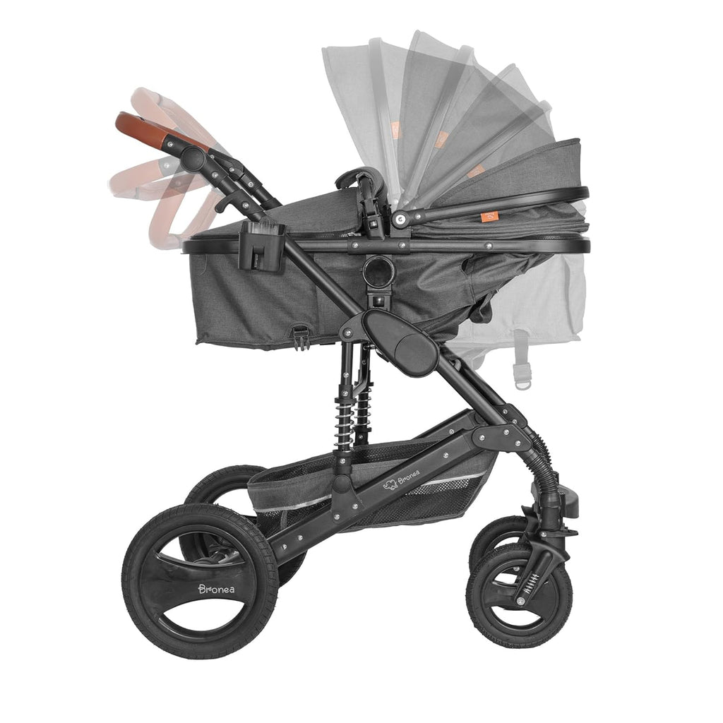 Bronea EXQUISE Kombi-Kinderwagen 3 in 1 INKL. MATRATZE | FARBAUSWAHL | Buggy, Auto-Babyschale, Zusammenklappbar mit Wickeltasche, Regenschutz, Mückenschutz & Sonnenschutz, Farbe:schwarz/champagne