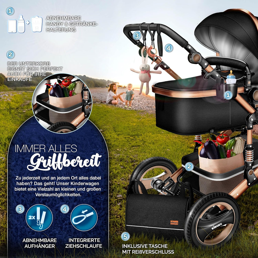 KIDUKU® Set completo passeggino 3 in 1 | Set passeggino combinato con navicella e sedile sportivo passeggino e seggiolino auto ovetto sacco a pelo | Ruote in gomma piena borsa per il cambio scaldamani parapioggia tavolino ECE R129
