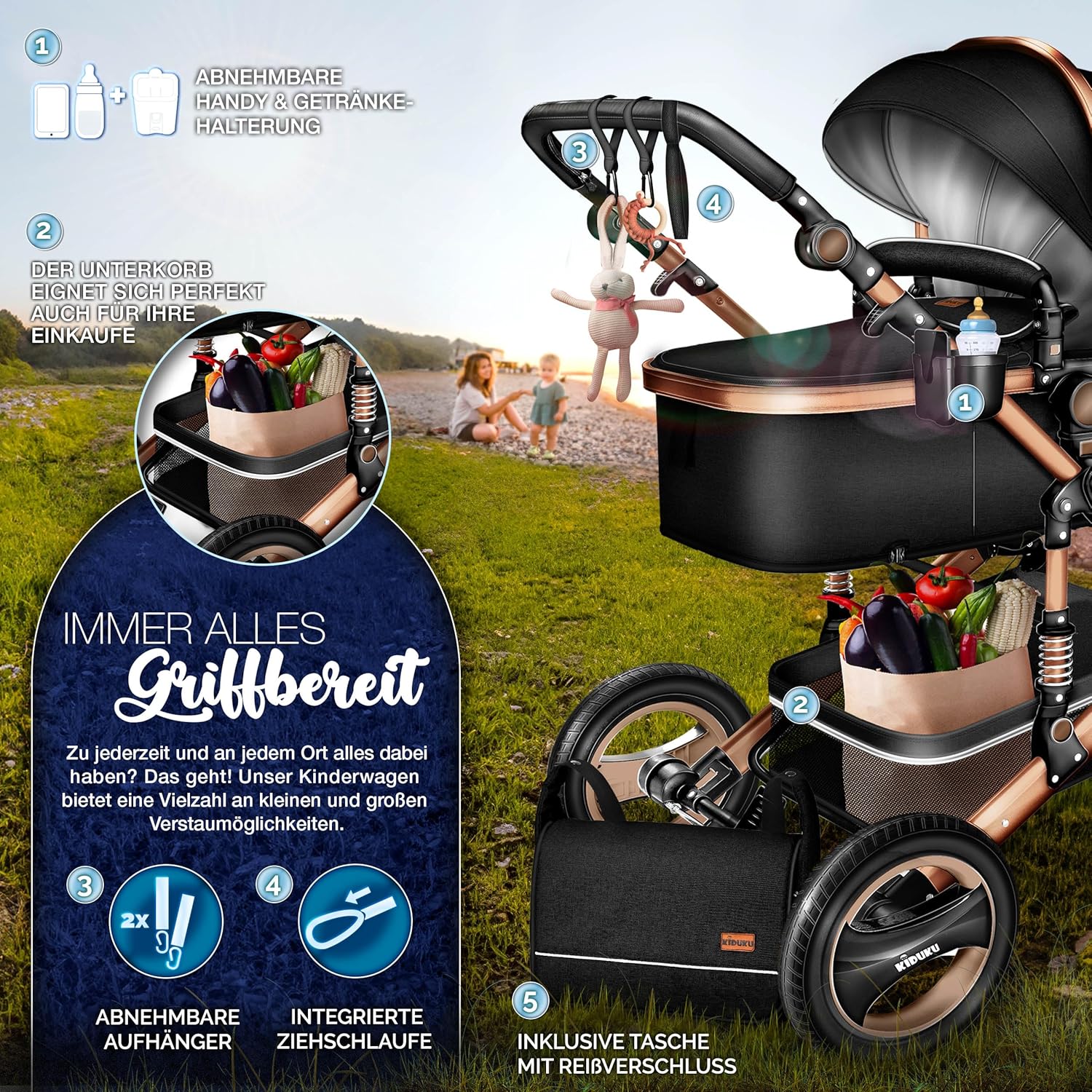 KIDUKU® Set completo passeggino 3 in 1 | Set passeggino combinato con navicella e sedile sportivo passeggino e seggiolino auto ovetto sacco a pelo | Ruote in gomma piena borsa per il cambio scaldamani parapioggia tavolino ECE R129