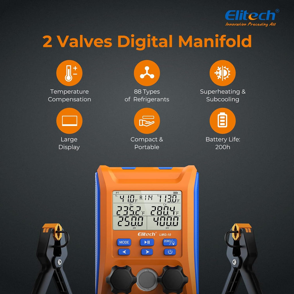 Elitech Kältetechnik Manometro Digitale Collettore di Ricarica, Set Manometrico Digitale ad Alta Precisione Tester Perdite di Pressione Temperatura Vuoto per Frigoriferi LMG-10