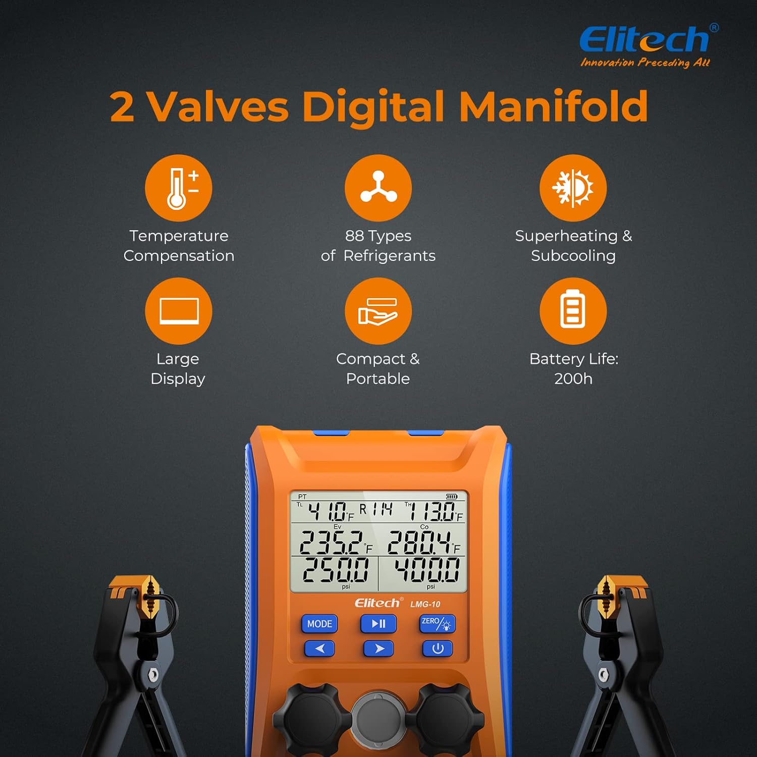 Elitech Kältetechnik Manometro Digitale Collettore di Ricarica, Set Manometrico Digitale ad Alta Precisione Tester Perdite di Pressione Temperatura Vuoto per Frigoriferi LMG-10