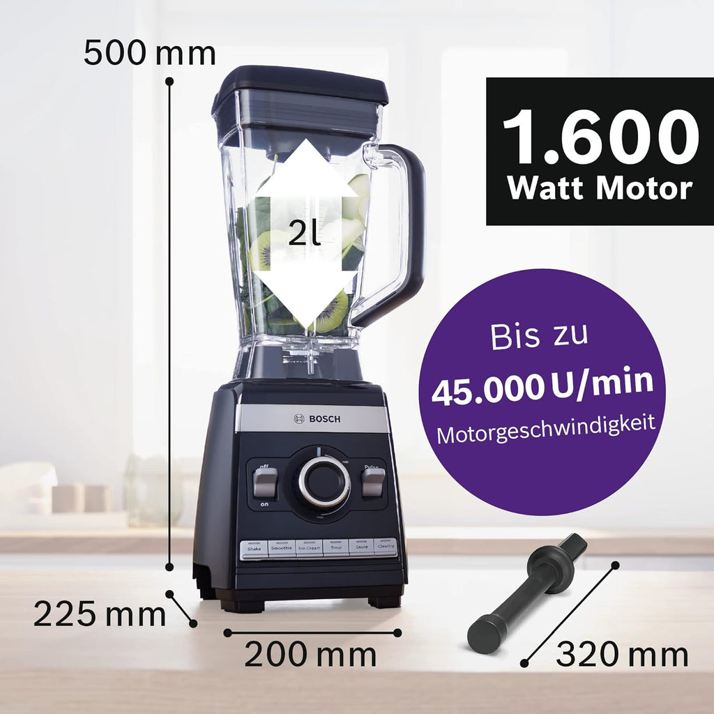 Bosch Frullatore VitaBoost MMBH6P6BDE, lama a 6 punte in acciaio inox, caraffa in Tritan da 2,5l, pestello, 6 programmi automatici, ricettario, senza BPA, facile da pulire, 45.000 giri/min, 1600 W, nero