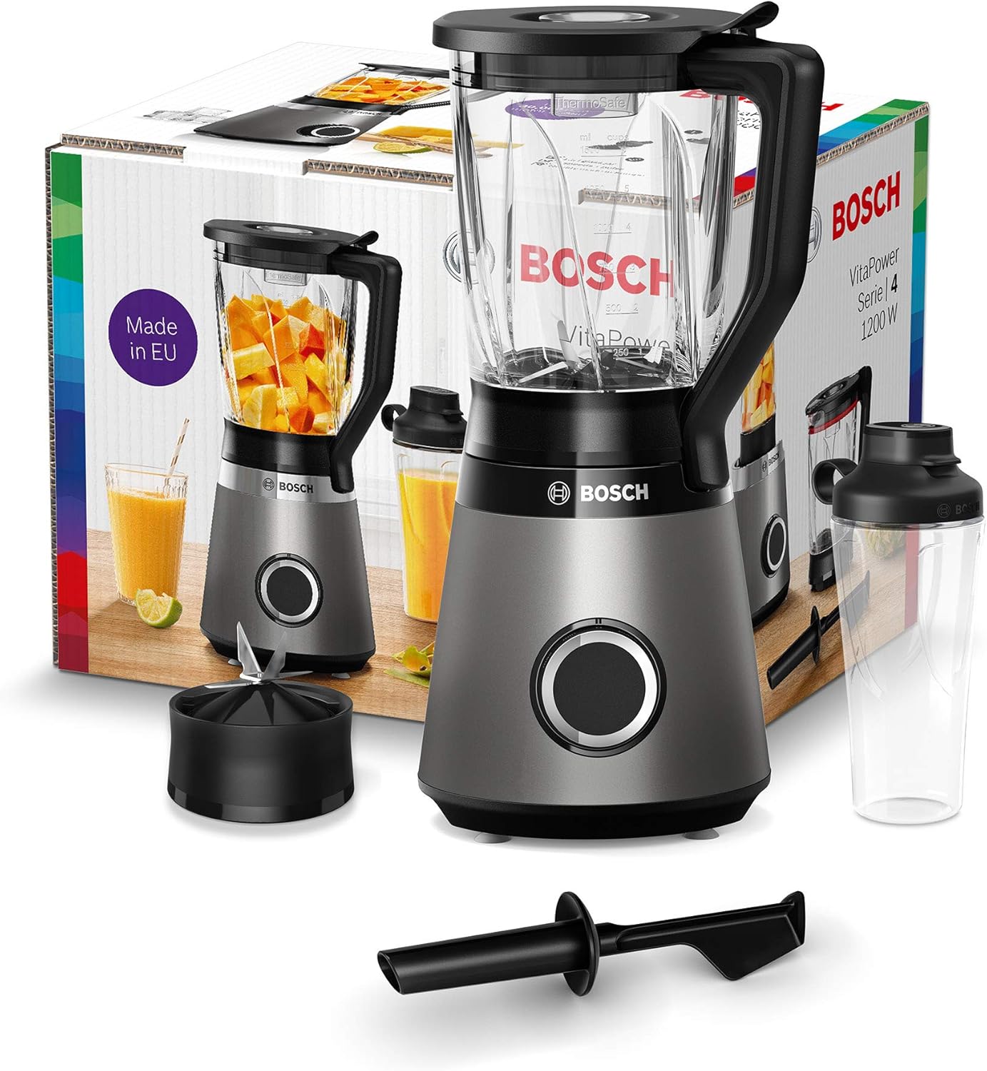 Bosch Standmixer VitaPower Serie 4 MMB6174SN, verbesserte Version, hochwertige Edelstahl-Klingen, 1,5l Glasbehlter, 0,6l To-Go-Flasche, spülmaschinenfeste Teile, 30.000 U/min, 1200 W, silber